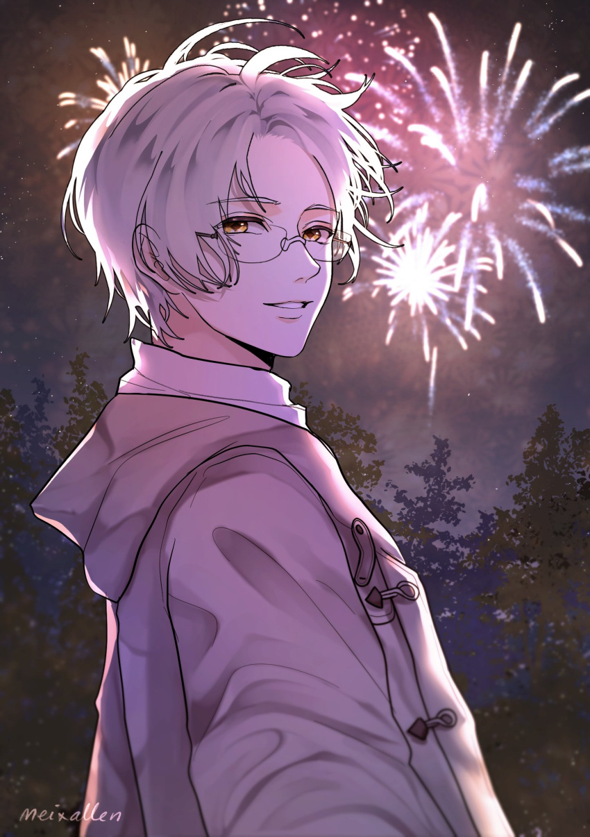 1boy aerial_fireworks brown_coat brown_eyes coat commentary english_commentary fireworks forehead from_side glasses grey_hair highres hood hood_down hooded_coat looking_at_viewer looking_to_the_side male_focus meixallen night night_sky outdoors parted_bangs parted_lips shirt signature sky solo tears_of_themis tree upper_body vyn_richter_(tears_of_themis) white_shirt