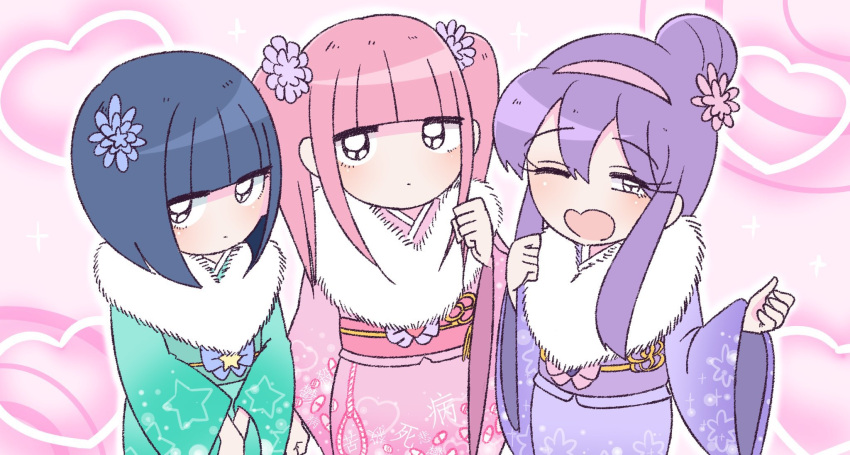 3girls black_eyes blue_bow blue_flower blue_hair blunt_bangs blush bob_cut bow expressionless ezaki_bisuko floral_print flower fur_trim green_kimono hair_bun hair_flower hair_ornament hairband heart heart_print highres japanese_clothes kimono looking_at_viewer menhera-chan_(ezaki_bisuko) multiple_girls noose one_eye_closed open_mouth outline pill_print pink_bow pink_flower pink_hair pink_kimono pov purple_bow purple_flower purple_hair purple_kimono sabukaru-chan_(ezaki_bisuko) sidelocks smile star_(symbol) star_print staring twintails white_outline yami_kawaii yume_kawaii yumekawa-chan_(ezaki_bisuko)