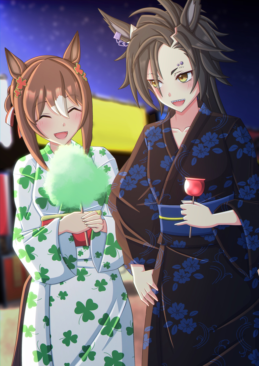 2-butani 2girls absurdres air_shakur_(umamusume) alternate_costume animal_ears bag black_hair brown_hair candy_apple clover_hair_ornament commentary_request cotton_candy eyebrow_piercing eyes_visible_through_hair fine_motion_(umamusume) floral_print food green_eyes hair_between_eyes hair_bun hair_ornament hair_ribbon hand_fan highres horse_ears horse_girl japanese_clothes kimono long_hair multiple_girls obi paper_fan piercing red_sash ribbon sash single_hair_bun striped striped_ribbon summer_festival uchiwa umamusume yellow_eyes yukata