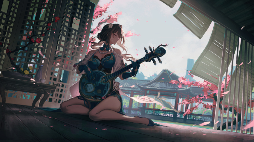 1girl absurdres architecture bare_shoulders bead_necklace beads black_hair breasts brown_hair cherry_blossoms chinese_clothes cleavage closed_eyes clothing_cutout dress east_asian_architecture flower full_body gloves green_dress green_gloves hair_flower hair_ornament highres holding holding_instrument honkai:_star_rail honkai_(series) instrument jewelry large_breasts namahamu913 necklace pearl_necklace petals ruan ruan_mei_(honkai:_star_rail) shoulder_cutout sitting solo wind yokozuwari