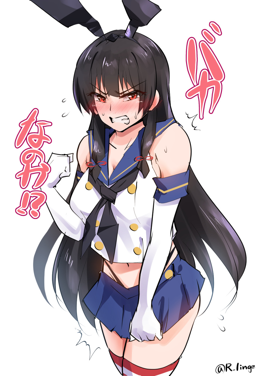 1girl black_hair black_hairband black_neckerchief black_panties blue_sailor_collar blue_skirt breasts clenched_hand clenched_teeth commentary_request cosplay cowboy_shot crop_top elbow_gloves gloves hair_ribbon hairband highleg highleg_panties highres isokaze_(kancolle) kantai_collection lingerie_(aki3240) long_hair looking_at_viewer medium_breasts microskirt miniskirt neckerchief one-hour_drawing_challenge panties pleated_skirt red_eyes ribbon sailor_collar shimakaze_(kancolle) shimakaze_(kancolle)_(cosplay) shirt simple_background skirt sleeveless sleeveless_shirt solo striped striped_thighhighs teeth thighhighs translation_request tress_ribbon underwear white_background white_gloves