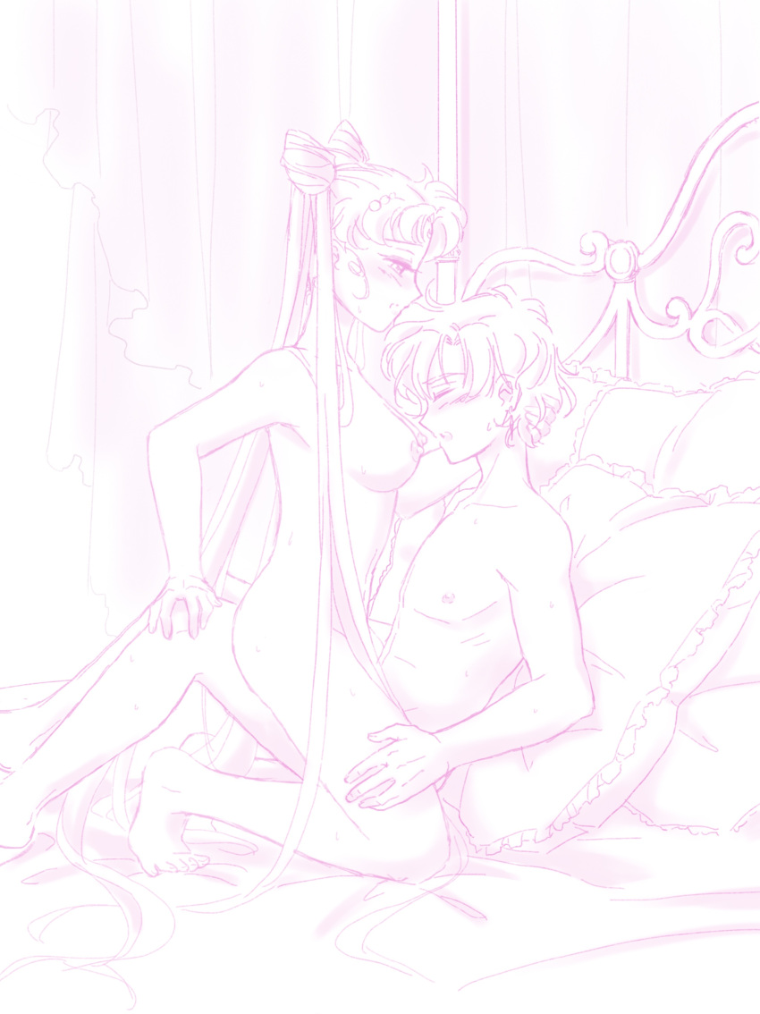 1boy 1girl absurdres barefoot bishoujo_senshi_sailor_moon blush chibi_usa completely_nude couple happy_sex helios_(sailor_moon) hetero highres long_hair nude on_bed open_mouth pillow sailor_moon sex short_hair small_lady_serenity vaginal