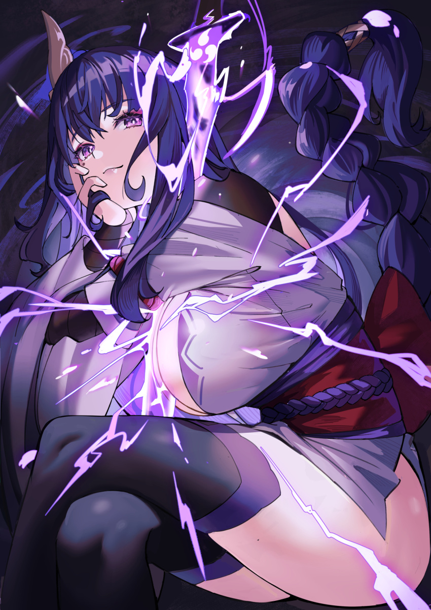 1girl absurdres atelier30 bare_shoulders braid braided_ponytail breasts cleavage detached_collar genshin_impact hair_ornament highres human_scabbard japanese_clothes kimono lanzen_wu large_breasts long_hair long_sleeves looking_at_viewer mole mole_under_eye obi off_shoulder purple_eyes purple_hair purple_kimono purple_thighhighs raiden_shogun sash shrug_(clothing) solo thighhighs thighs wide_sleeves