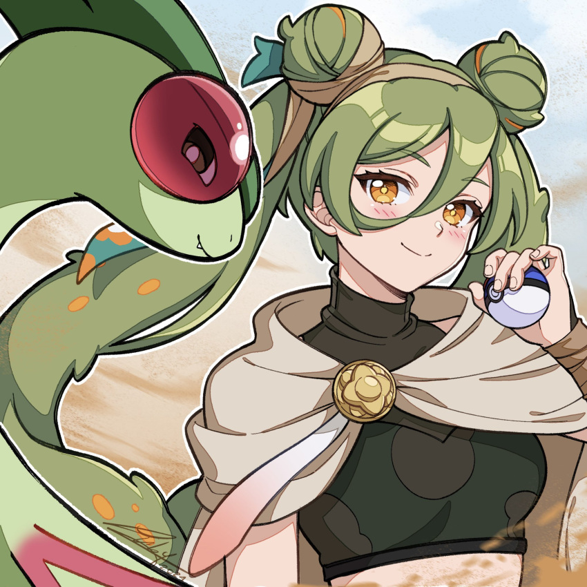 1girl blue_sky breasts cloak closed_mouth cloud colored_skin commentary_request crop_top double_bun eyelashes fang flygon great_ball green_hair green_skin ground_miku_(project_voltage) hair_between_eyes hair_bun hatsune_miku highres holding holding_poke_ball long_hair medium_breasts orange_eyes poke_ball pokemon pokemon_(creature) project_voltage sky smile twintails upper_body vocaloid white_cloak zibysart