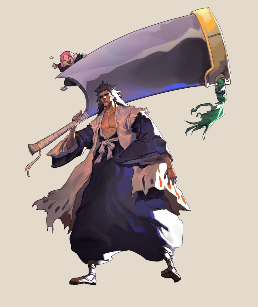 1boy 1girl bankai black_hair black_kimono bleach bleach:_sennen_kessen-hen center_opening cleaver collarbone eyepatch facing_to_the_side floating from_below grey_background hair_slicked_back haori hieumay highres holding holding_cleaver holding_weapon huge_weapon japanese_clothes kimono kusajishi_yachiru layered_clothes long_hair long_sleeves medium_hair muscular nose nostrils open_clothes open_hand over_shoulder pants_tucked_in pectorals pink_hair sash scar scar_across_eye shihakusho shinigami shoe_soles simple_background spiked_hair sword sword_over_shoulder tabi taichou_haori torn_clothes v waraji weapon weapon_over_shoulder wide_shot wide_sleeves zanpakutou zaraki_kenpachi