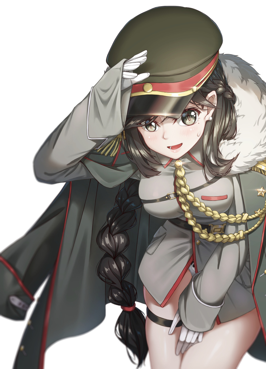 1girl a_bao absurdres aiguillette belt black_hair braid breasts brown_eyes brown_headwear brown_jacket chinese_commentary fur-trimmed_jacket fur_trim general_liu_(girls'_frontline) girls'_frontline gloves hat highres jacket large_breasts long_hair looking_at_viewer military_hat military_uniform open_mouth panties peaked_cap simple_background smile solo thigh_strap underwear uniform very_long_hair white_background white_gloves white_panties