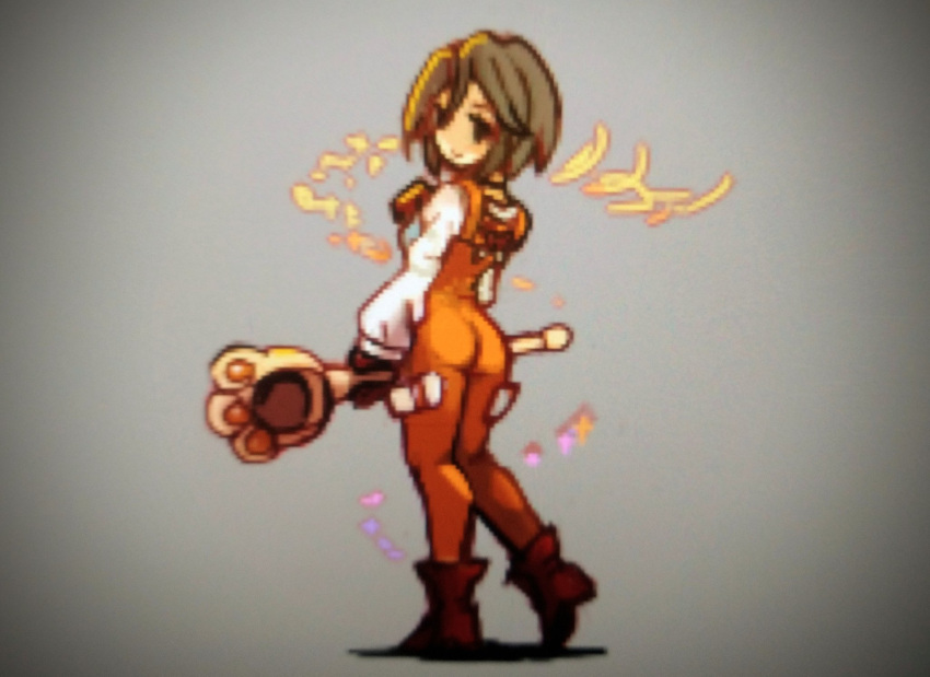 1girl black_hair bodysuit breasts choker closed_mouth final_fantasy final_fantasy_ix full_body garnet_til_alexandros_xvii gloves highres holding holding_staff orange_bodysuit pixel_art shirosu short_hair simple_background smile solo staff