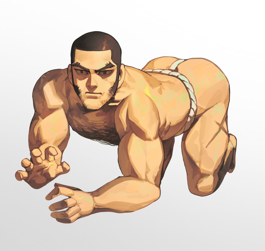 1boy all_fours arched_back ass back biceps black_hair buzz_cut chest_hair closed_mouth deltoids facial_hair forehead fundoshi hieumay highres japanese_clothes jujutsu_kaisen looking_at_viewer male_focus muscular muscular_male nose nostrils open_hand scar scar_on_leg short_hair sideburns simple_background takaba_fumihiko thick_eyebrows very_short_hair white_background