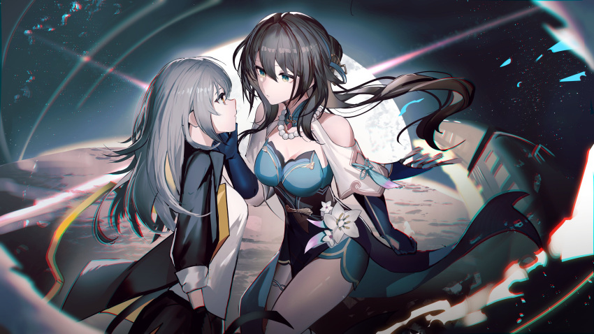 2girls absurdres aqua_dress aqua_gloves astral_express_(honkai:_star_rail) bare_shoulders bead_necklace beads black_gloves black_hair black_jacket breasts chinese_clothes cleavage clothing_cutout dress face-to-face gloves green_eyes grey_hair hair_between_eyes hand_on_another's_cheek hand_on_another's_face highres hiyaori_(hiyahiyaval) honkai:_star_rail honkai_(series) jacket jewelry long_hair long_sleeves looking_at_another medium_breasts multiple_girls necklace parted_lips pearl_necklace ruan_mei_(honkai:_star_rail) shirt shoulder_cutout sleeve_rolled_up stelle_(honkai:_star_rail) tied_jacket trailblazer_(honkai:_star_rail) white_shirt yellow_eyes yellow_trim