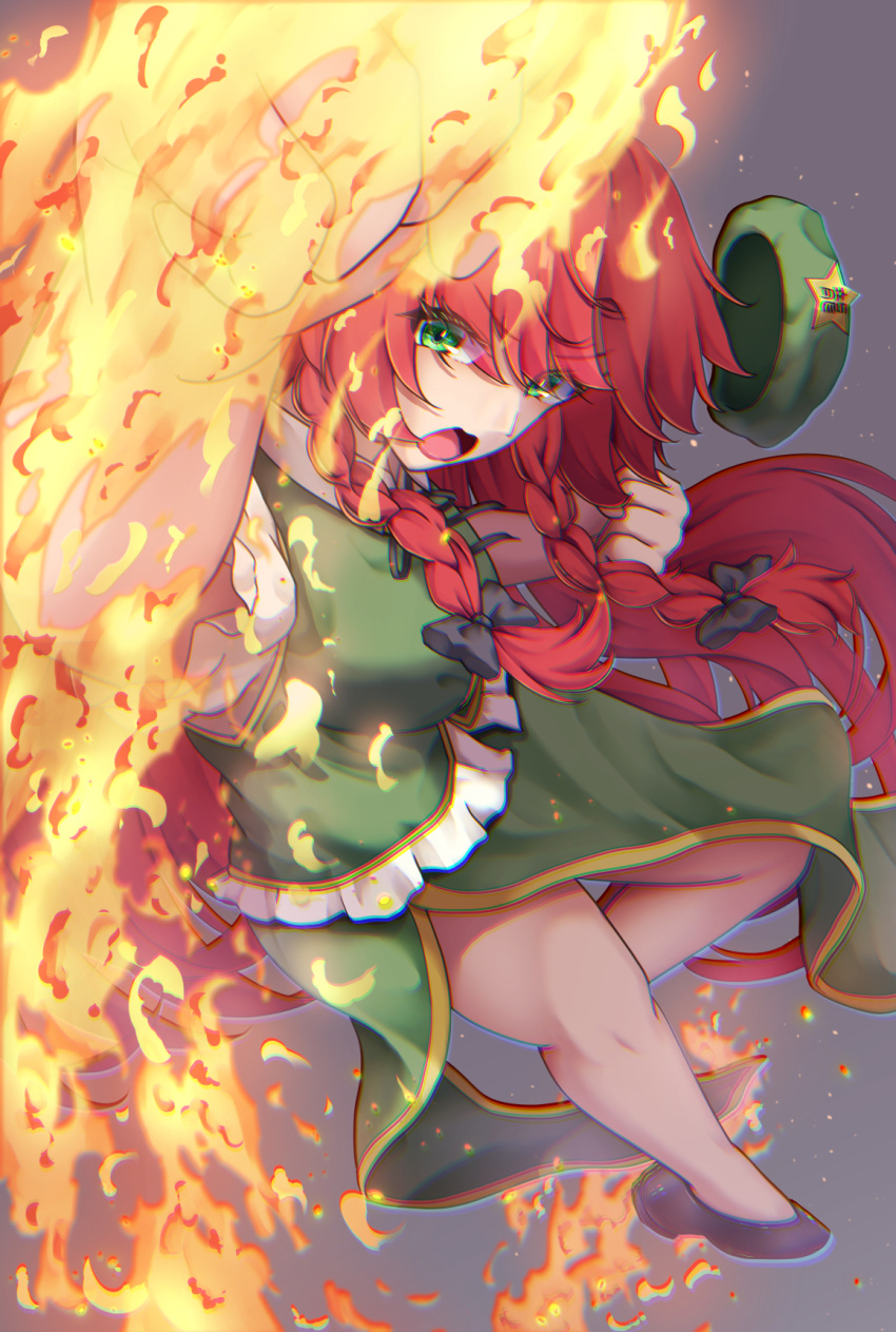 1girl beret black_bow bow braid china_dress chinese_clothes commentary_request dress fire green_eyes green_headwear hair_bow hat hat_ornament highres hong_meiling long_hair mizunisabano open_mouth punching red_hair shoes shouryuuken solo star_(symbol) star_hat_ornament street_fighter touhou twin_braids unworn_headwear uppercut very_long_hair