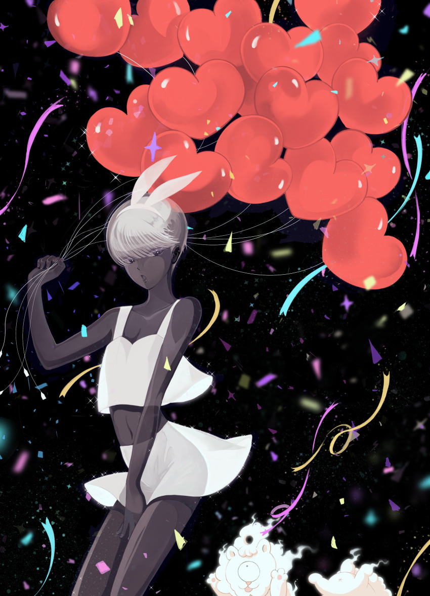 1other absurdres androgynous animal_ears balloon bare_arms bare_shoulders between_legs black_background cairngorm_(houseki_no_kuni) camisole collarbone commentary confetti cowboy_shot crop_top dark_skin fake_animal_ears floating_clothes hairband hand_between_legs hand_up heart_balloon highres holding holding_balloon houseki_no_kuni lipstick makeup midriff motion_blur navel one-eyed oo0mog0oo open_mouth other_focus rabbit_ears see-through_silhouette shiro_(houseki_no_kuni) short_hair shorts skort sleeveless translucent_hair white_hair white_shorts