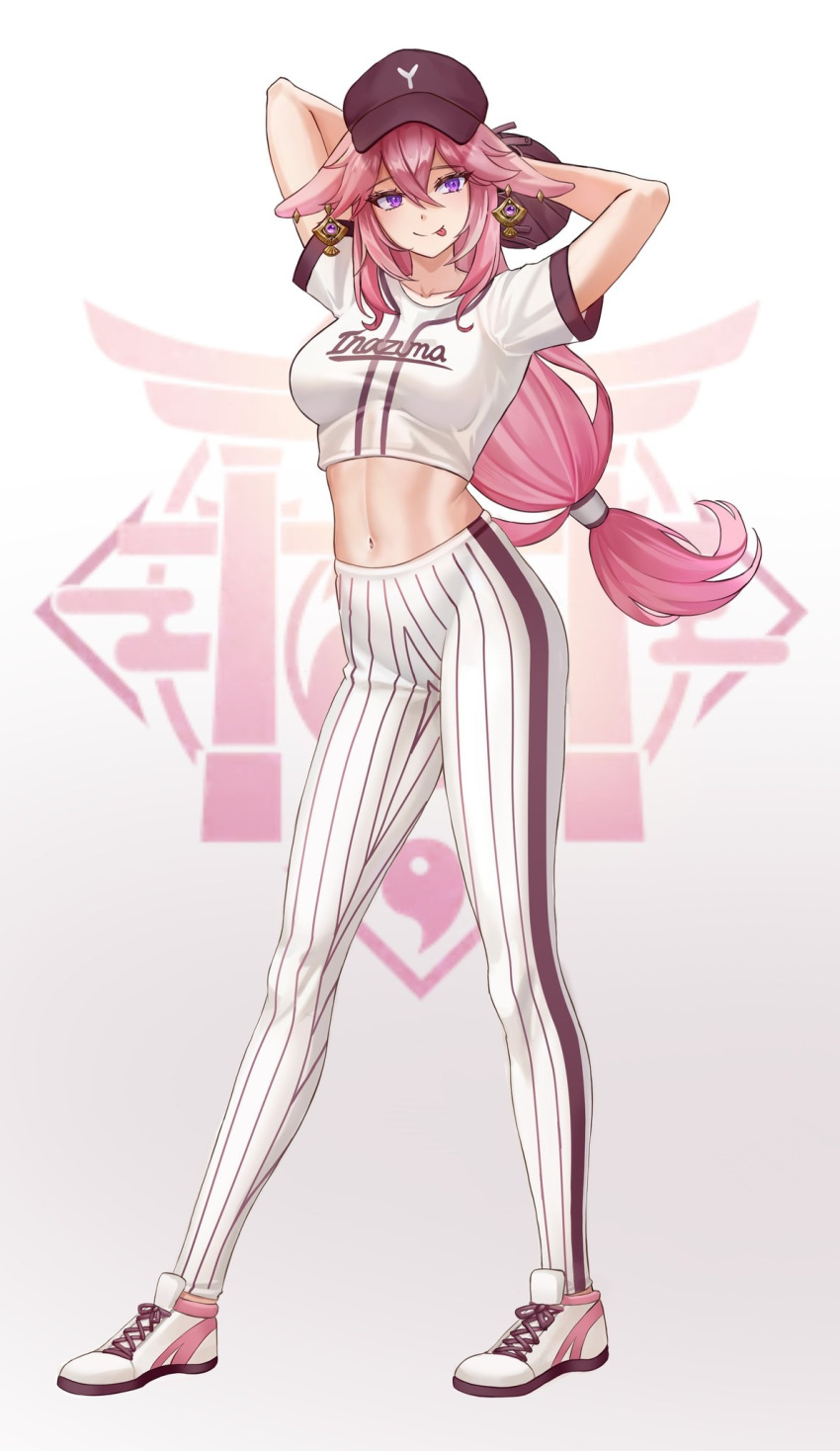 1girl :p alternate_costume animal_ears arms_up baseball_cap baseball_mitt breasts clothes_writing commentary_request crop_top fox_ears full_body genshin_impact gradient_background grey_background hair_between_eyes hat highres kama_(kama_ovo) leggings looking_at_viewer medium_breasts midriff navel pants pink_hair purple_eyes shirt shoes smile sneakers solo standing stomach striped striped_pants tongue tongue_out vertical-striped_pants vertical_stripes white_background white_footwear white_pants white_shirt yae_miko