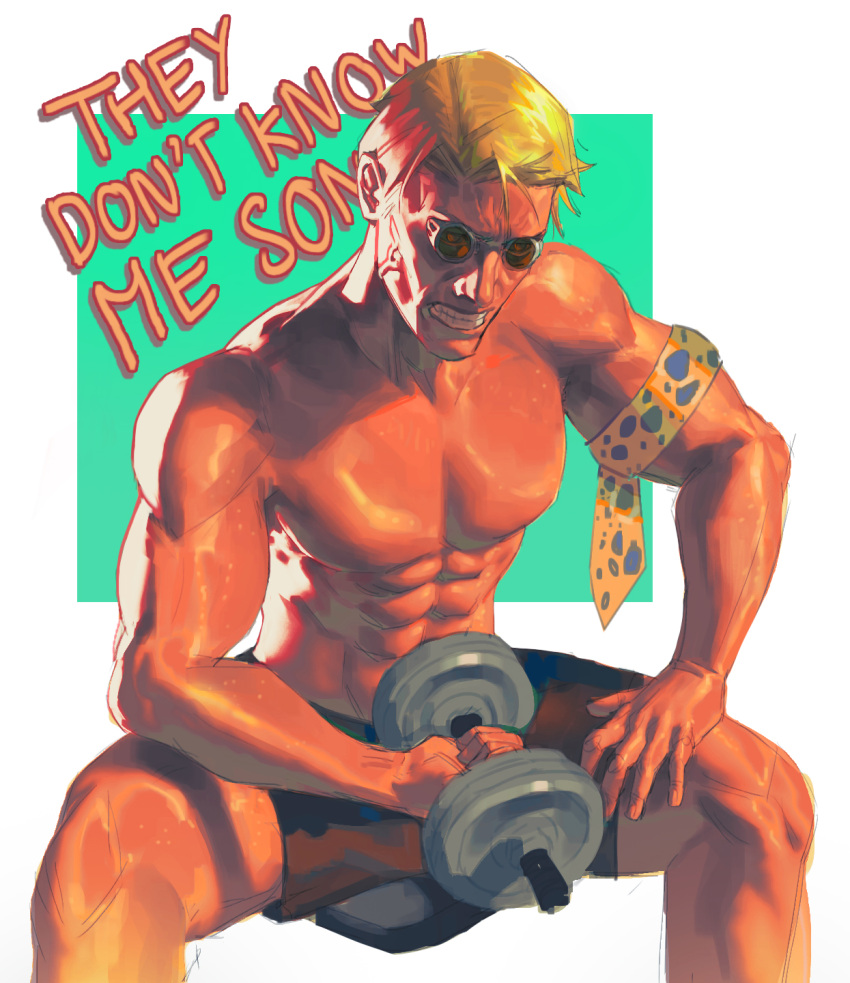 1boy abs animal_print arm_strap backlighting bara biceps black_shorts blonde_hair clenched_teeth deltoids dumbbell elbow_on_thigh english_text exercise feet_out_of_frame fingernails forehead goggles hand_on_own_thigh hieumay highres holding holding_dumbbell jujutsu_kaisen knees leopard_print male_focus muscular muscular_male nanami_kento nose parted_hair pectorals round_eyewear short_hair short_shorts shorts sitting solo spread_legs square teeth topless_male two-tone_background veiny_face weightlifting white_background