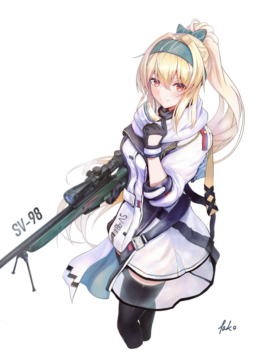 1girl absurdres artist_name black_gloves blonde_hair bolt_action bow closed_mouth double-parted_bangs english_text girls'_frontline gloves green_bow green_hairband gun hair_between_eyes hair_bow hairband highres holding holding_clothes holding_gun holding_scarf holding_weapon jacket long_hair looking_at_viewer ponytail red_eyes rifle russian_flag scarf scope smile sniper_rifle solo sv-98 sv-98_(girls'_frontline) tako_pipe very_long_hair weapon weapon_name white_jacket white_scarf