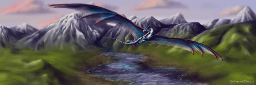 2021 absurd_res ambiguous_gender blue_body claws digital_media_(artwork) dragon feral fexneel_(character) fexneel_denisse hi_res horn landscape long_neck membrane_(anatomy) membranous_wings mountain river solo stripes watermark wings