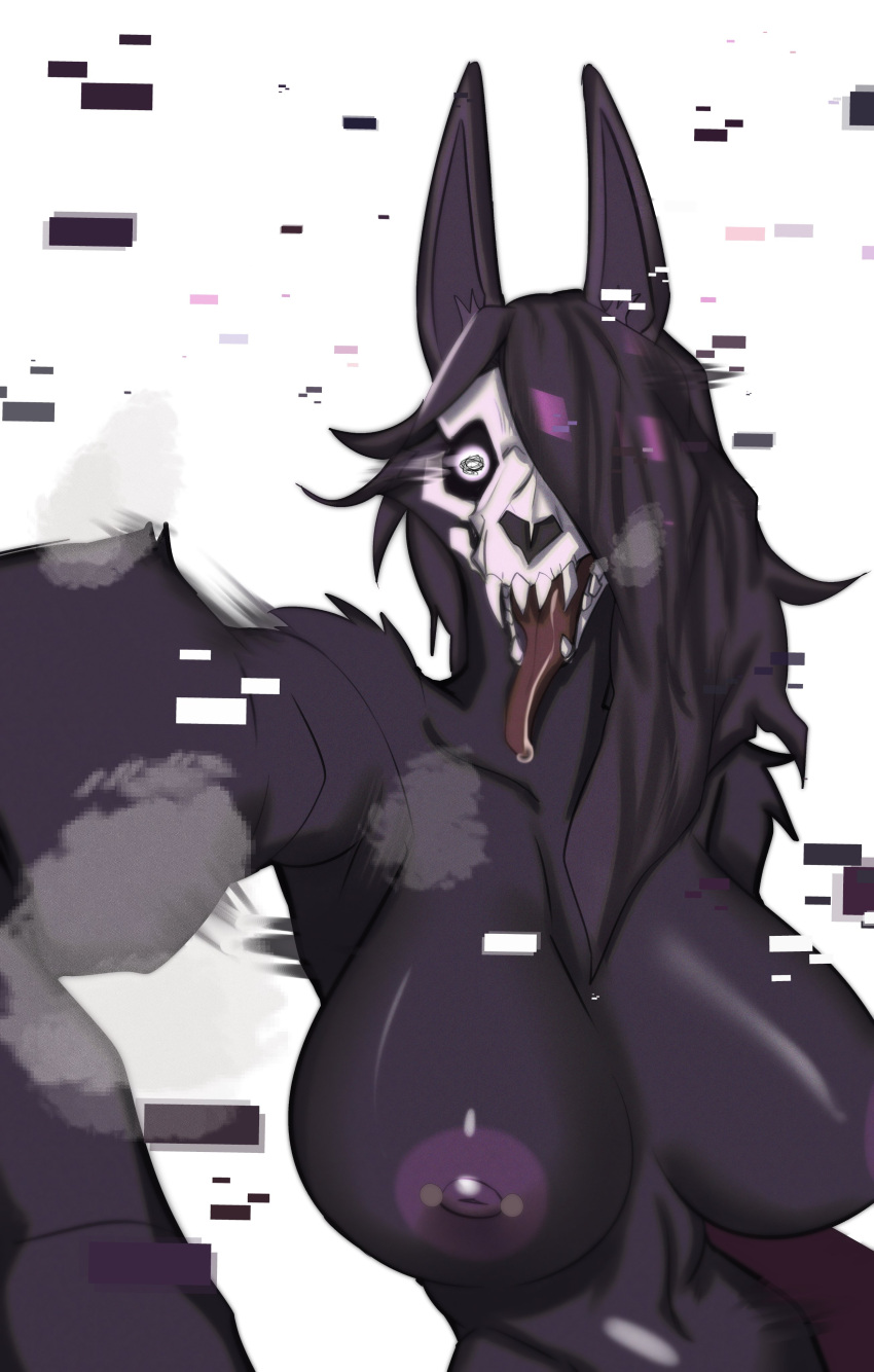 absurd_res anthro big_breasts black_body black_fur black_hair bodily_fluids bone breasts fangs female foreshortening fur glitch hair hair_over_eye hi_res huge_breasts malo nipple_piercing nipples one_eye_obstructed piercing rolling_beast saliva scp-1471-a scp_foundation sharp_teeth skull skull_head solo teeth tongue tongue_out