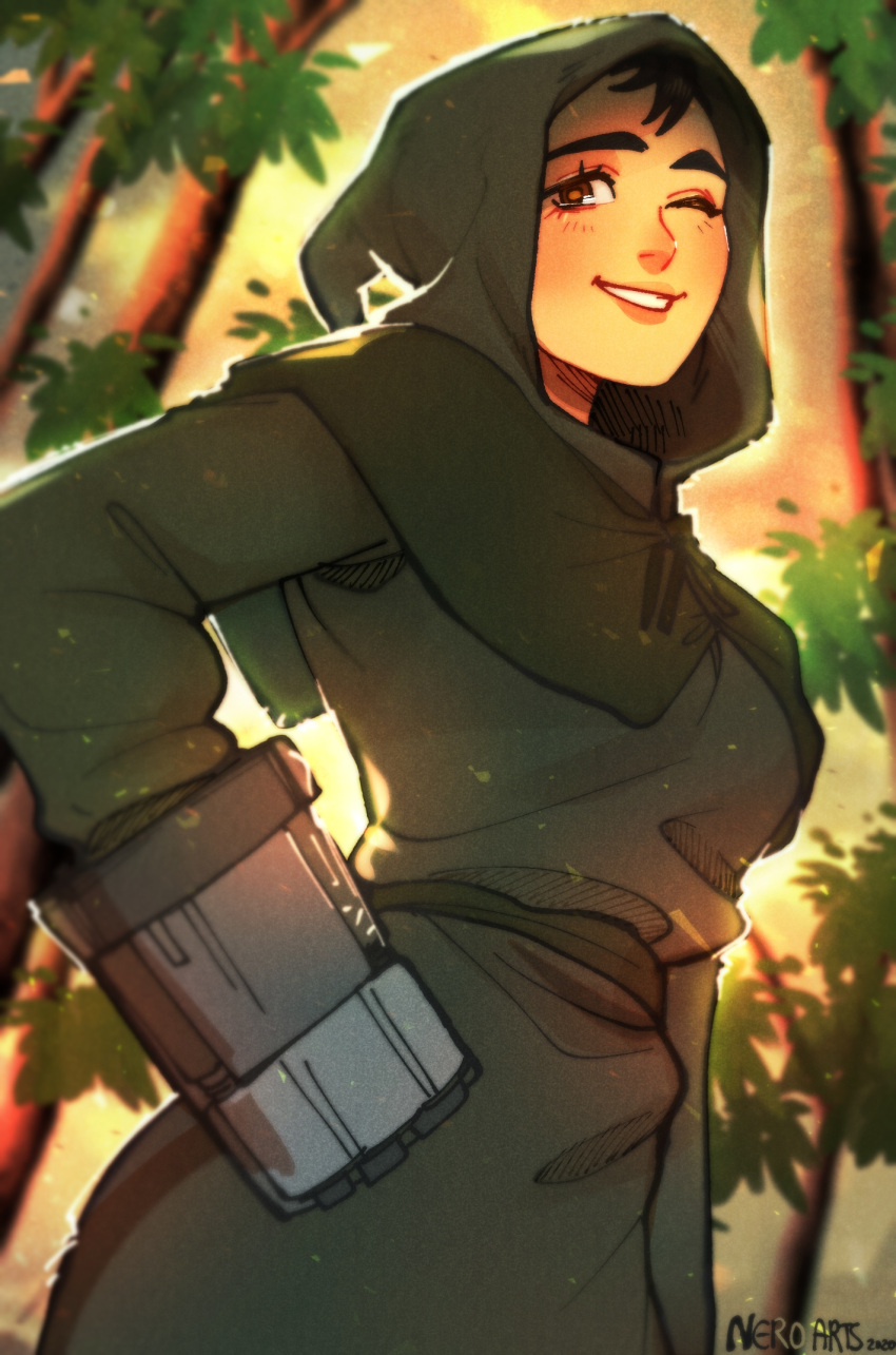 1girl 2020 artist_name black_hair breasts cowboy_shot dated fallout_(series) green_tunic hand_on_own_hip highres hood hood_up leaf light_blush looking_at_viewer medium_breasts nero_arts one_eye_closed parted_lips power_fist short_hair smile solo sunlight teeth tree veronica_santangelo