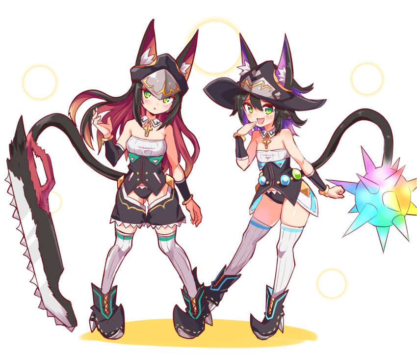 2girls :o animal_ears ankle_boots ball_and_chain_(weapon) black_choker black_footwear black_hair black_headwear black_panties black_shirt black_shorts black_sleeves blue_hair boots cat_ears cat_girl cat_tail choker commentary cougar_(cougar1404) cross crotch_cutout detached_collar detached_sleeves ears_through_headwear green_eyes grey_thighhighs hand_to_own_mouth hat heart jagged_sword levilina_(cougar1404) long_hair looking_at_viewer medium_hair multicolored_hair multiple_girls no_pants open_mouth original panties parted_lips pink_hair pointy_footwear prototype_design ribbed_thighhighs rubirina_(cougar1404) shirt shorts siblings sisters smile standing standing_on_one_leg strapless strapless_shirt tail thighhighs twins two-tone_hair underwear white_background white_thighhighs witch_hat