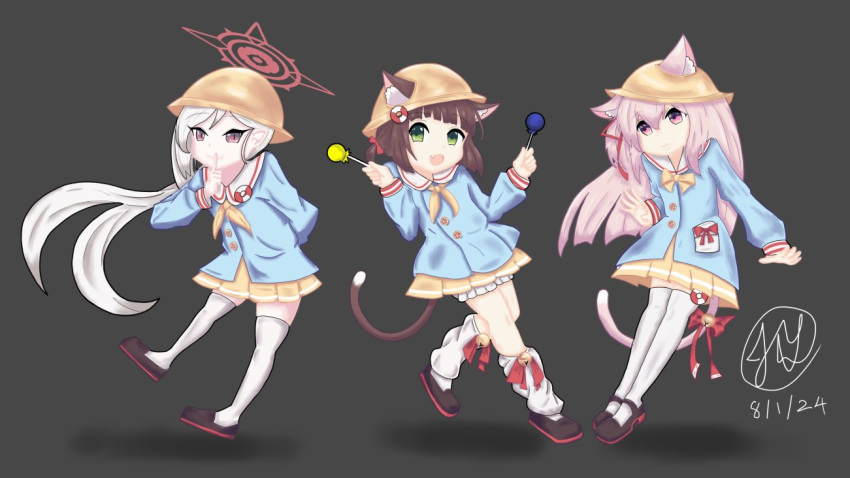 3girls animal_ear_fluff animal_ears artist_request azur_lane bell blue_archive blue_shirt bow brown_hair candy cat_ears cat_girl cat_tail commentary cosplay dated ears_through_headwear english_commentary finger_to_mouth food green_eyes grey_hair hair_ribbon halo hat holding holding_candy holding_food holding_lollipop jingle_bell kindergarten_uniform kisaragi_(azur_lane) lifebuoy lollipop long_sleeves multiple_girls mutsuki_(azur_lane) mutsuki_(blue_archive) name_connection ookubo_rumi pink_eyes pink_hair red_eyes ribbon school_hat shirt short_twintails signature skirt swim_ring tail tail_bell tail_bow tail_ornament tail_ribbon thighhighs twintails voice_actor_connection white_thighhighs yellow_headwear yellow_skirt