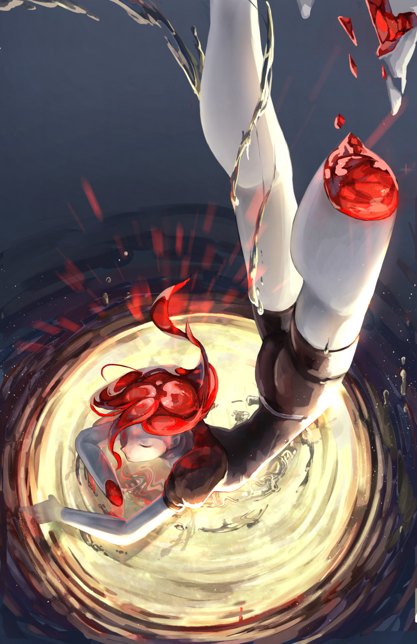 1other absurdres amputee androgynous ass cinnabar_(houseki_no_kuni) closed_eyes crystal_hair double_amputee floating_hair foot_out_of_frame from_above full_moon gem gem_uniform_(houseki_no_kuni) hair_floating_upwards highres houseki_no_kuni korukua liquid long_hair mercury_(element) moon other_focus puffy_short_sleeves puffy_sleeves red_gemstone red_hair reflection shards short_sleeves soaking_hands solo sparkle upside-down water