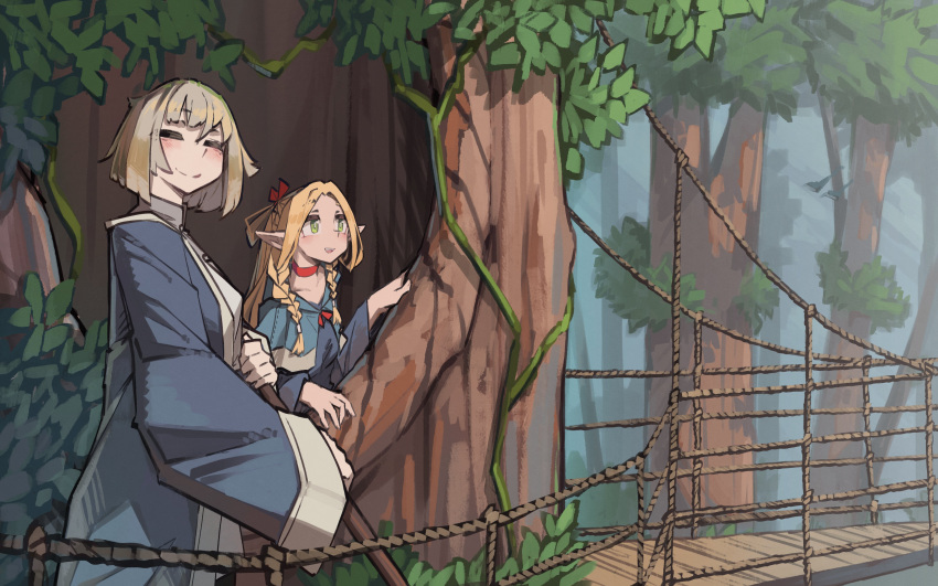 2girls =_= absurdres blonde_hair blue_coat blush braid choker closed_mouth coat collarbone commentary dungeon_meshi elf english_commentary falin_thorden green_eyes green_hair hair_ribbon half_updo highres long_hair long_sleeves looking_at_viewer marcille_donato multiple_girls nature outdoors pointy_ears red_choker red_ribbon ribbon rope_bridge short_hair togekk0 tree twin_braids wide_sleeves