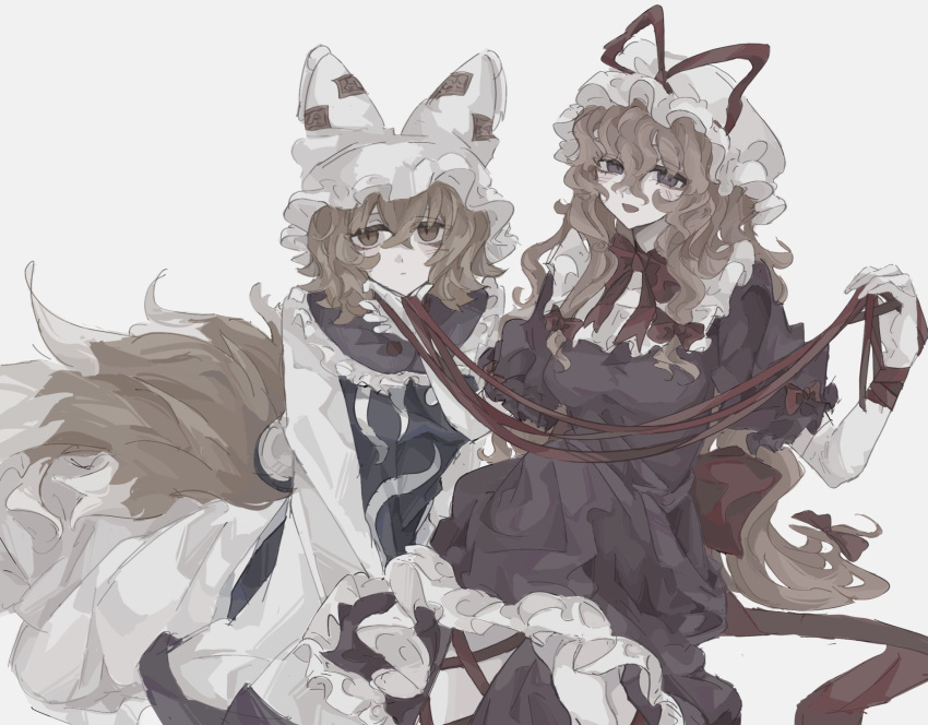 2girls animal_ears arm_ribbon back_bow blonde_hair blue_tabard bow bowtie breasts closed_mouth collar collarbone dress elbow_gloves expressionless feet_out_of_frame fox_ears fox_tail frilled_collar frilled_dress frilled_hat frilled_sleeves frills gloves hair_bow hand_on_another's_chin hands_on_lap hat hat_ribbon highres holding holding_ribbon leg_ribbon long_hair long_sleeves looking_at_viewer medium_dress medium_hair mob_cap multiple_girls multiple_tails open_mouth puffy_short_sleeves puffy_sleeves purple_collar purple_dress purple_eyes purple_sleeves red_bow red_bowtie red_ribbon ribbon shindiyue short_sleeves simple_background sitting sleeve_bow smile tabard tail tassel_hat_ornament touhou very_long_hair white_background white_dress white_gloves white_headwear white_sleeves yakumo_ran yakumo_yukari yellow_eyes