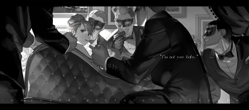 1girl 6+boys bare_shoulders blonde_hair bow bowtie cigarette couch domino_mask english_text facing_another finger_on_trigger fullmetal_alchemist greyscale gun hair_bun hair_slicked_back hand_up handgun highres holding holding_lighter holy_pumpkin indoors letterboxed lighter lighting_cigarette lipstick long_sleeves makeup mask monochrome mouth_hold multiple_boys no_eyes on_one_knee out_of_frame picture_frame riza_hawkeye sideways_glance single_hair_bun sitting smile suit surrounded swept_bangs traditional_bowtie updo weapon wing_collar wingtip_collar