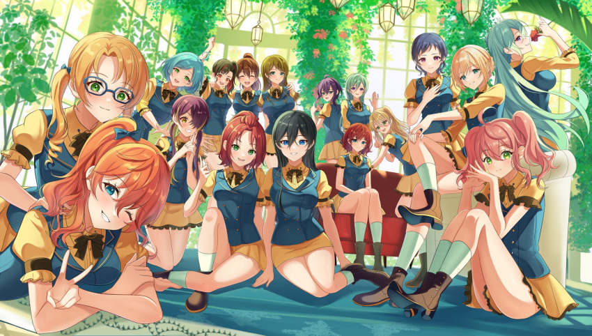 6+girls ahoge akehoshi_subaru alkaloid_(ensemble_stars!) amagi_hiiro ayase_mayoi black_footwear black_hair blonde_hair blue_bow blue_eyes blue_hair blue_vest blush boots bow braid brown_hair crown_braid dress ensemble_stars! fine_(ensemble_stars!) flower fushimi_yuzuru genderswap genderswap_(mtf) glasses green_eyes green_hair hair_bow hair_bun hair_over_one_eye half_updo hibiki_wataru hidaka_hokuto highres himemiya_tori holding holding_flower isara_mao kazehaya_tatsumi looking_at_viewer low_twintails medium_hair morisawa_chiaki multicolored_hair multiple_girls nagumo_tetora namm_7666 official_style one_eye_covered orange_hair pink_hair purple_eyes purple_hair red_flower red_hair red_rose rose ryuuseitai_(ensemble_stars!) sengoku_shinobu shinkai_kanata shiratori_aira_(ensemble_stars!) short_hair side_ponytail socks takamine_midori tenshouin_eichi trickstar_(ensemble_stars!) twintails vest white_socks yellow_dress yuuki_makoto_(ensemble_stars!)