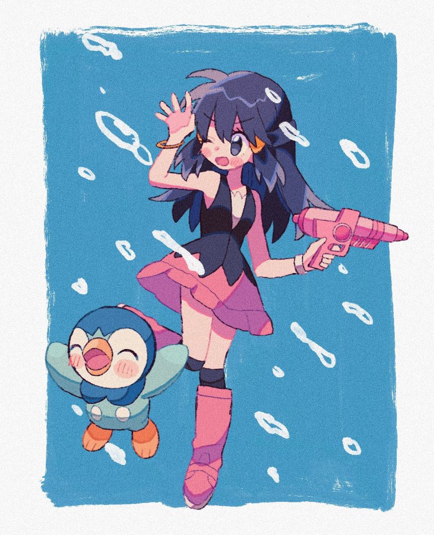 1girl arms_up bird black_socks black_vest blue_background blue_eyes blue_hair blush_stickers boots bracelet closed_eyes commentary dawn_(pokemon) full_body hair_ornament hand_up highres holding holding_water_gun jewelry jumping kneehighs long_hair mgomurainu one_eye_closed open_mouth penguin pink_footwear pink_skirt piplup pokemon pokemon_(anime) pokemon_(creature) pokemon_dppt_(anime) shirt sidelocks skirt sleeveless sleeveless_shirt socks splashing vest water water_gun white_shirt