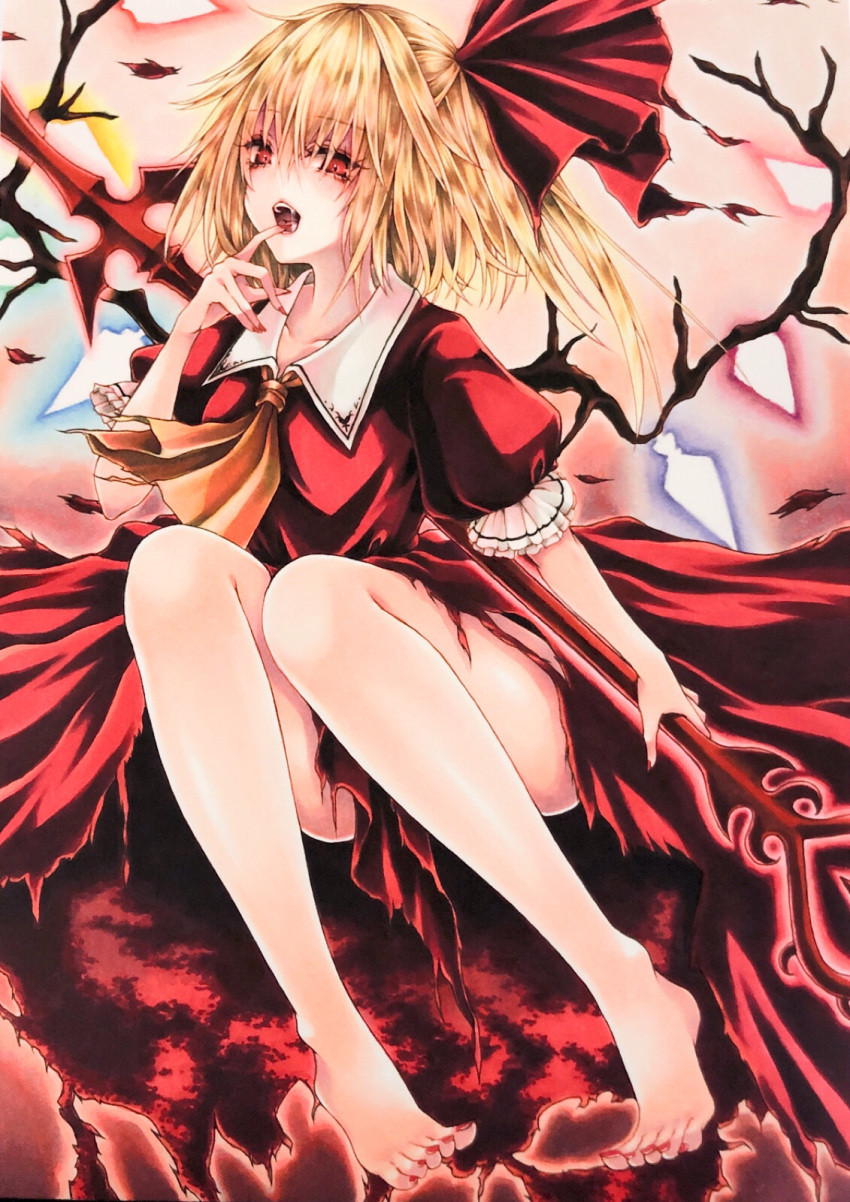 1girl adapted_costume ascot bare_legs barefoot blonde_hair collarbone collared_shirt finger_to_mouth flandre_scarlet frilled_sleeves frills glowing glowing_wings highres holding holding_polearm holding_weapon koumajou_densetsu looking_at_viewer marker_(medium) medium_hair mktr_(princess_mktr) multicolored_wings nail_polish no_headwear open_mouth polearm puffy_short_sleeves puffy_sleeves red_eyes red_nails red_shirt red_skirt shirt short_sleeves skirt solo spear teeth toenail_polish toenails toes touhou traditional_media weapon wings yellow_ascot
