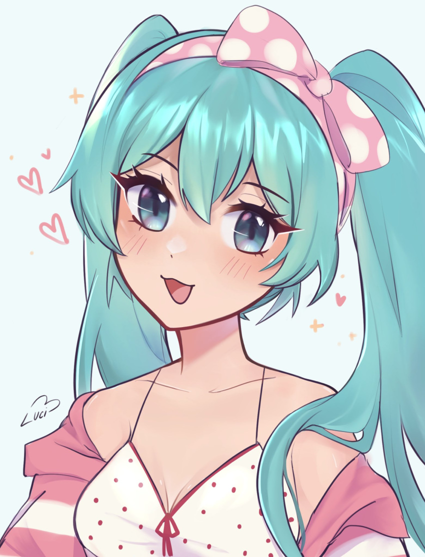 1girl :3 :d aqua_hair bare_shoulders blue_background blue_eyes breasts camisole cleavage commentary hairband hatsune_miku heart highres jacket long_hair looking_at_viewer off_shoulder open_mouth pink_hairband pink_jacket polka_dot_hairband purrlucii small_breasts smile solo spaghetti_strap striped striped_jacket twintails upper_body vocaloid