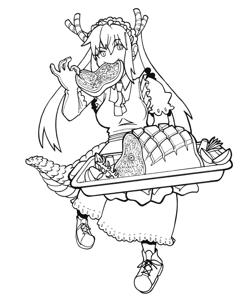 animal_humanoid autenticovadito bite black_and_white clothing dragon dragon_humanoid dragon_tail dress female food footwear hi_res horn humanoid ink line_art looking_at_viewer maid_uniform marker_(artwork) meat miss_kobayashi's_dragon_maid monochrome necktie pigtails shoes simple_background solo tohru_(dragon_maid) traditional_media_(artwork) uniform white_background