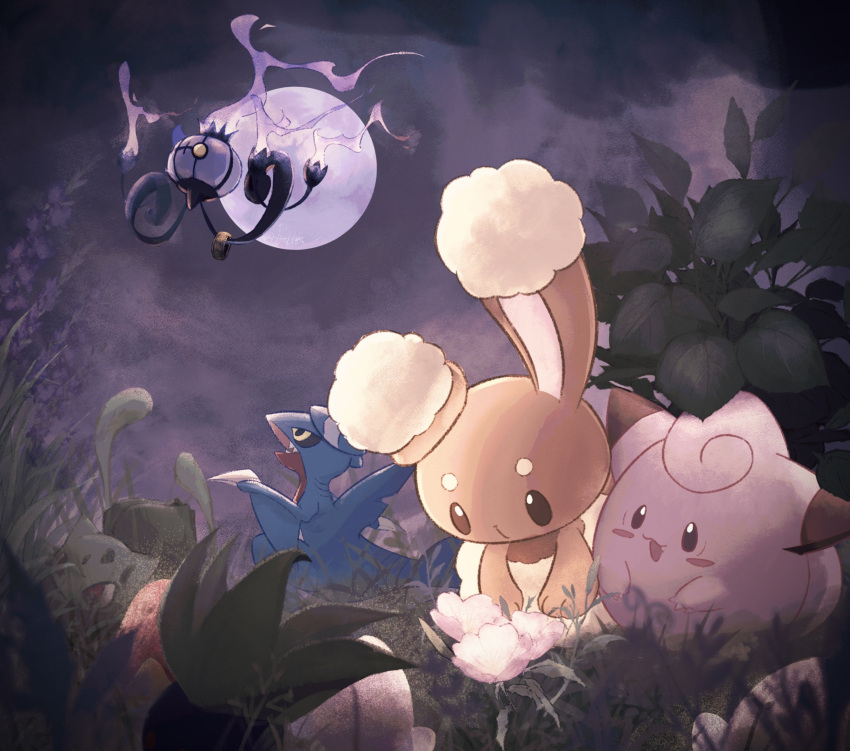 animal_focus black_eyes black_sclera brown_fur bulbasaur buneary chandelure clefairy cloud colored_sclera colored_skin fire fireblast floating flower full_moon gabite grass highres moon night night_sky no_humans oddish on_grass open_mouth pink_skin pokemon pokemon_(creature) purple_fire rabbit sharp_teeth sky teeth white_flower yellow_eyes