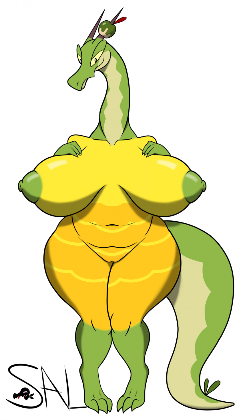 absurd_res anthro areola big_breasts breasts digitigrade female generation_9_pokemon genitals green_areola green_body green_nipples green_scales hand_on_chest hi_res huge_breasts hydrapple navel nintendo nipples nude pokemon pokemon_(species) pussy salandile scales scalie simple_background smile solo thick_thighs white_background white_eyes wide_hips yellow_body yellow_scales yellow_sclera