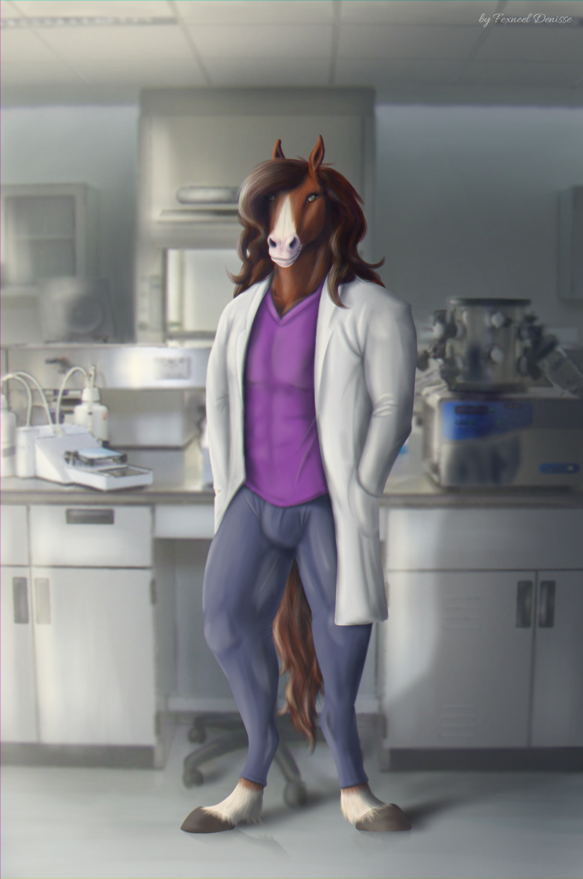 2021 abs absurd_res animal_ears anthro brown_hair clothing coat digital_media_(artwork) equid equine fexneel_denisse hair hedwyn hi_res hooves horse inside lab_coat laboratory laboratory_equipment looking_at_viewer male mammal scientific_instrument smile solo topwear watermark