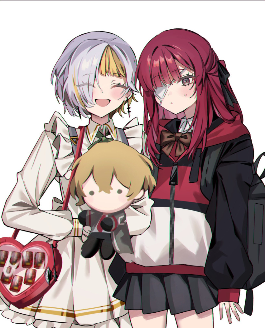 2girls blonde_hair eyepatch grey_hair highres hood hoodie kromer_(project_moon) limbus_company medical_eyepatch mu46016419 multicolored_hair multiple_girls project_moon red_hair simple_background sinclair_(project_moon) thighs two-tone_hair white_background yuri_(project_moon)