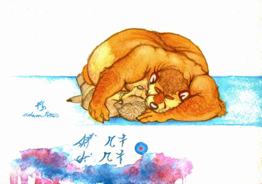 anthro bear belly big_belly cuddling duo lying male male/male mammal nude on_top overweight overweight_anthro overweight_male painting_(artwork) relaxing size_difference sleeping smaller_male soft_belly tankthewolf traditional_media_(artwork) watercolor_(artwork)