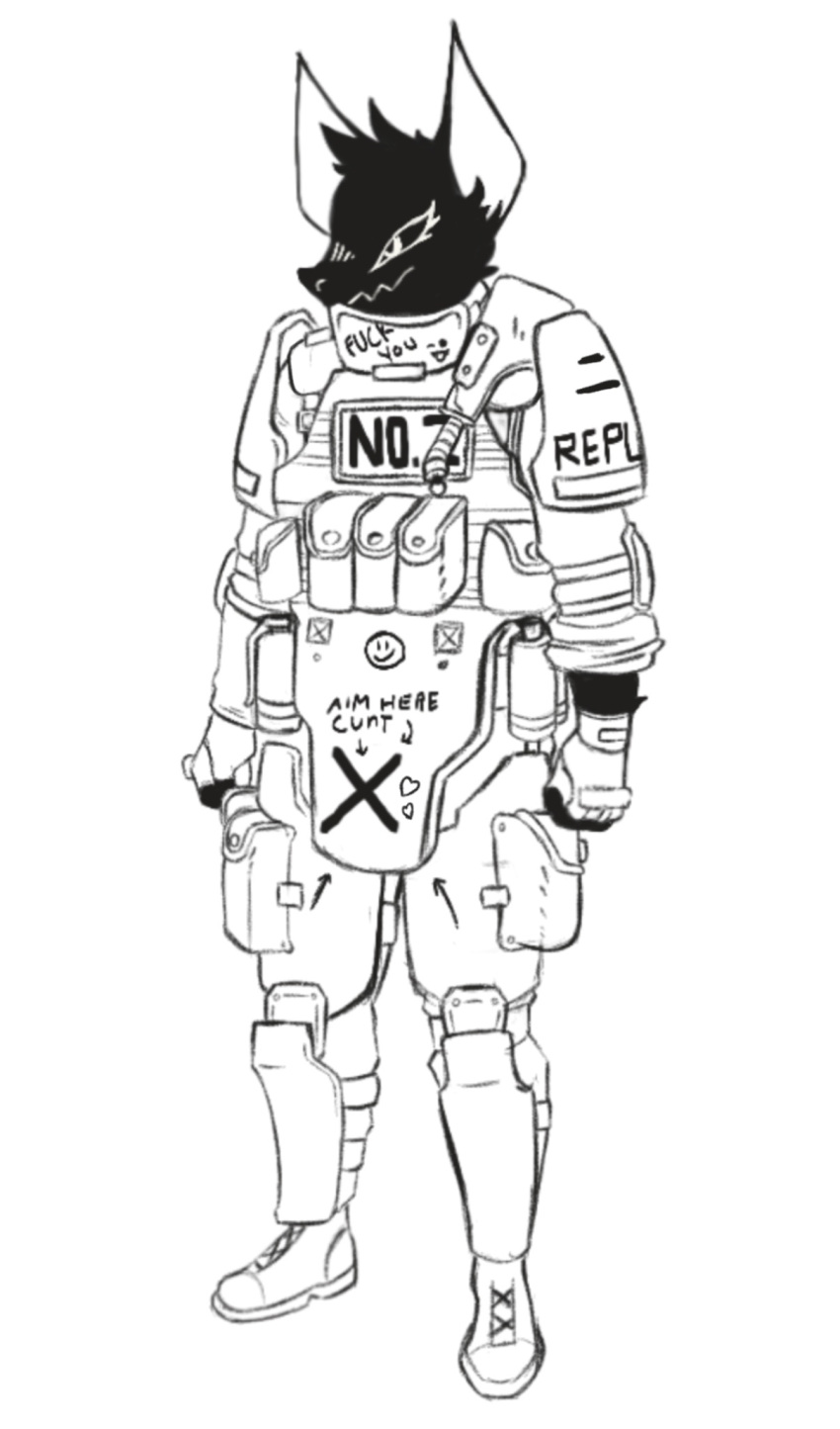 &lt;3 2020 anthro armor bat bat_ears belt_pouch big_ears biped black_and_white body_armor boots bulletproof_vest cheek_tuft clothed clothed_anthro clothed_male clothing cocky digital_drawing_(artwork) digital_media_(artwork) directional_arrow elbow_pads english_text eyelashes facial_tuft footwear front_view full-length_portrait fur fur_tuft gloves hair handwear hi_res jagged_mouth knee_pads male male_(lore) male_anthro mammal monochrome mouth_closed narrowed_eyes portrait possumcrimes prick_ears profanity pupils shin_guards shoulder_pads simple_background smiley_face smug smug_face solo standing tear_gas_canister text text_on_armor text_on_clothing thigh_pouch three-quarter_view tuft weapon white_background