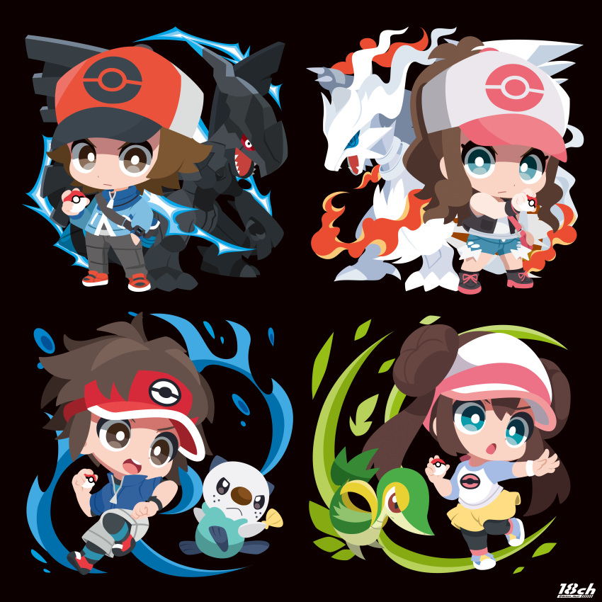 18ch 2boys 2girls absurdres baseball_cap black_background blue_eyes blue_jacket blue_sclera brown_eyes brown_hair colored_sclera denim denim_shorts double_bun exposed_pocket hair_bun hat highres hilbert_(pokemon) hilda_(pokemon) holding holding_poke_ball jacket multiple_boys multiple_girls nate_(pokemon) open_mouth oshawott poke_ball poke_ball_(basic) pokemon pokemon_(creature) pokemon_bw pokemon_bw2 red_sclera reshiram rosa_(pokemon) shorts snivy v-shaped_eyebrows visor_cap zekrom