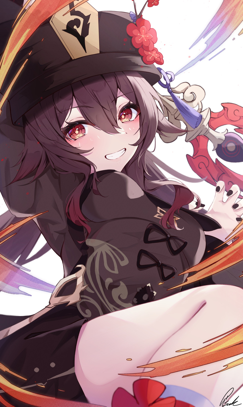 1girl absurdres black_headwear black_nails blush breasts brown_hair coattails flower flower-shaped_pupils genshin_impact hat hat_flower highres hu_tao_(genshin_impact) long_hair long_sleeves looking_at_viewer pisuke_(user_kcmh2774) plum_blossoms porkpie_hat red_eyes shorts signature smile solo staff_of_homa_(genshin_impact) symbol-shaped_pupils tailcoat twintails white_background