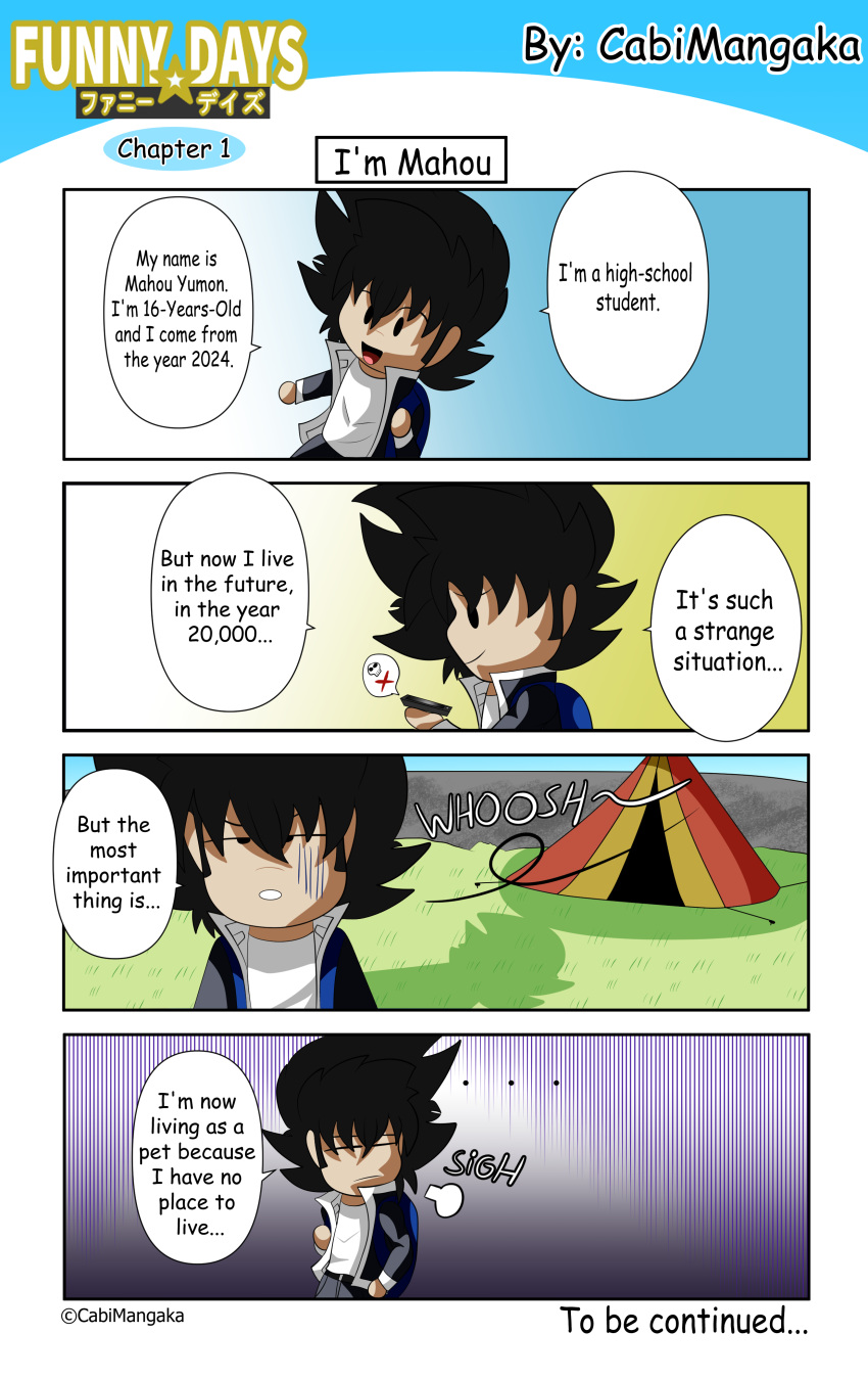 4koma absurd_res asian asian_clothing black_hair blue_backpack cabimangaka chibi clothing comic copyright_symbol east_asian_clothing electronics english_text fan_character funny_days gakuran hair hi_res human japanese_clothing japanese_school_uniform logo mahou_yumon male mammal onomatopoeia phone project_youth school_uniform shirt solo sound_effects spin-off symbol teenager text topwear uniform webcomic webcomic_character white_clothing white_shirt white_topwear youth_days