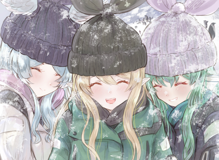 3girls :d ^_^ animal beanie bird black_headwear black_scarf blonde_hair blue_hair blue_wings blush closed_eyes closed_mouth commentary day elira_pendora english_commentary facing_viewer feathered_wings finana_ryugu green_hair green_jacket green_scarf grin hair_between_eyes hat head_wings highres hikari_niji jacket lazulight multiple_girls nijisanji outdoors penguin pointy_ears pomu_rainpuff purple_headwear purple_scarf scarf smile snow snowing upper_body virtual_youtuber white_jacket white_wings wings wings_through_headwear