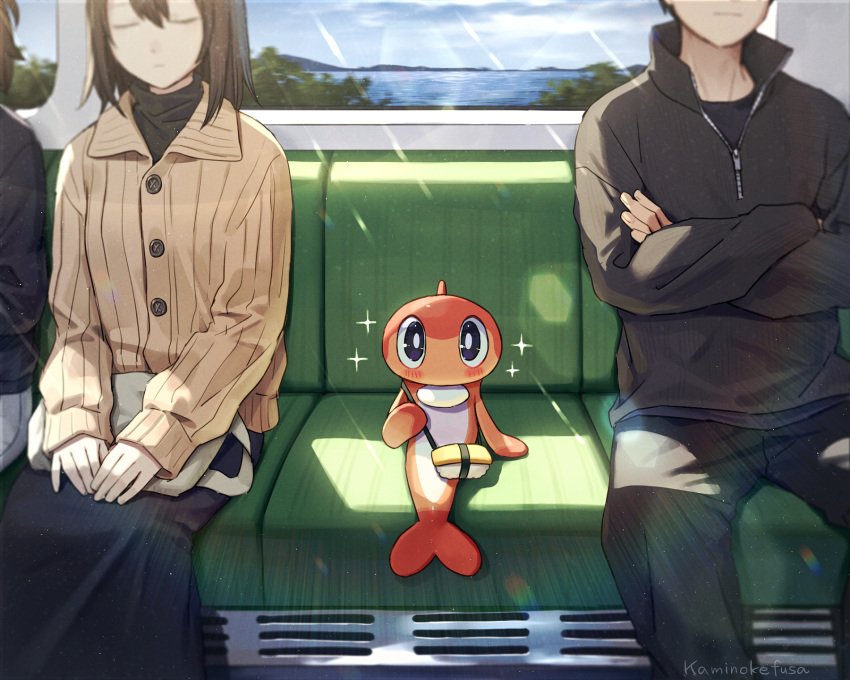 1boy 1girl 1other artist_name bag black_eyes blue_sky blush closed_eyes closed_mouth cloud colored_skin commentary_request crossed_arms fish food food-themed_bag forked_tail highres horizon kaminokefusa looking_at_viewer orange_skin pokemon pokemon_(creature) shoulder_bag sitting sky sparkle sushi tail tatsugiri tatsugiri_(curly) train_interior twitter_username water
