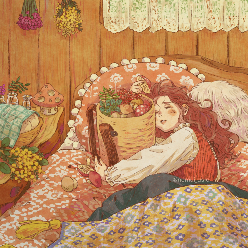 1girl backpack_basket basket bedroom blanket blue_sky blush bottle closed_eyes curtains floral_print flower frilled_sleeves frills hair_between_eyes hair_slicked_back hand_up herb_bundle highres holding holding_mushroom indoors long_hair long_sleeves lying mushroom nemui_usio on_bed on_side original outstretched_arm parted_lips puffy_long_sleeves puffy_sleeves red_hair red_vest shirt sky solo table tassel toy twitter_username under_covers vest wavy_hair white_shirt window wooden_wall yellow_flower