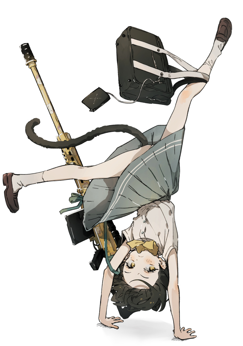 1girl anti-materiel_rifle bag barrett_m82 black_bag black_hair black_tail blush bow bowtie brown_footwear cat_tail character_print closed_mouth gun handstand hello_kitty hello_kitty_(character) hello_kitty_print highres loafers mormormorp original rifle sanrio school_bag school_uniform shirt shoes short_sleeves simple_background sniper_rifle socks solo tail upside-down weapon white_background white_shirt white_socks yellow_bow yellow_bowtie yellow_eyes
