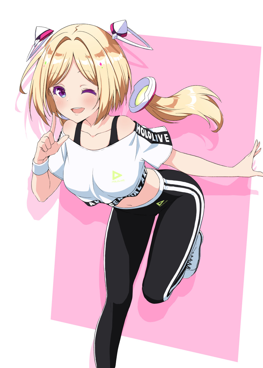 1girl ;d absurdres aki_rosenthal asanaya bent_over blonde_hair blush bob_cut breasts character_name copyright_name crop_top detached_hair dot_nose drop_shadow eyelashes hand_up highres hololive hololive_dance_practice_uniform index_finger_raised leg_up legs_folded looking_at_viewer low_twintails midriff navel off-shoulder_shirt off_shoulder official_alternate_costume one_eye_closed open_mouth pants parted_bangs pink_background purple_eyes shirt shoes short_hair smile sneakers solo standing standing_on_one_leg sweatband teeth track_pants twintails upper_teeth_only virtual_youtuber white_background white_footwear white_shirt wristband