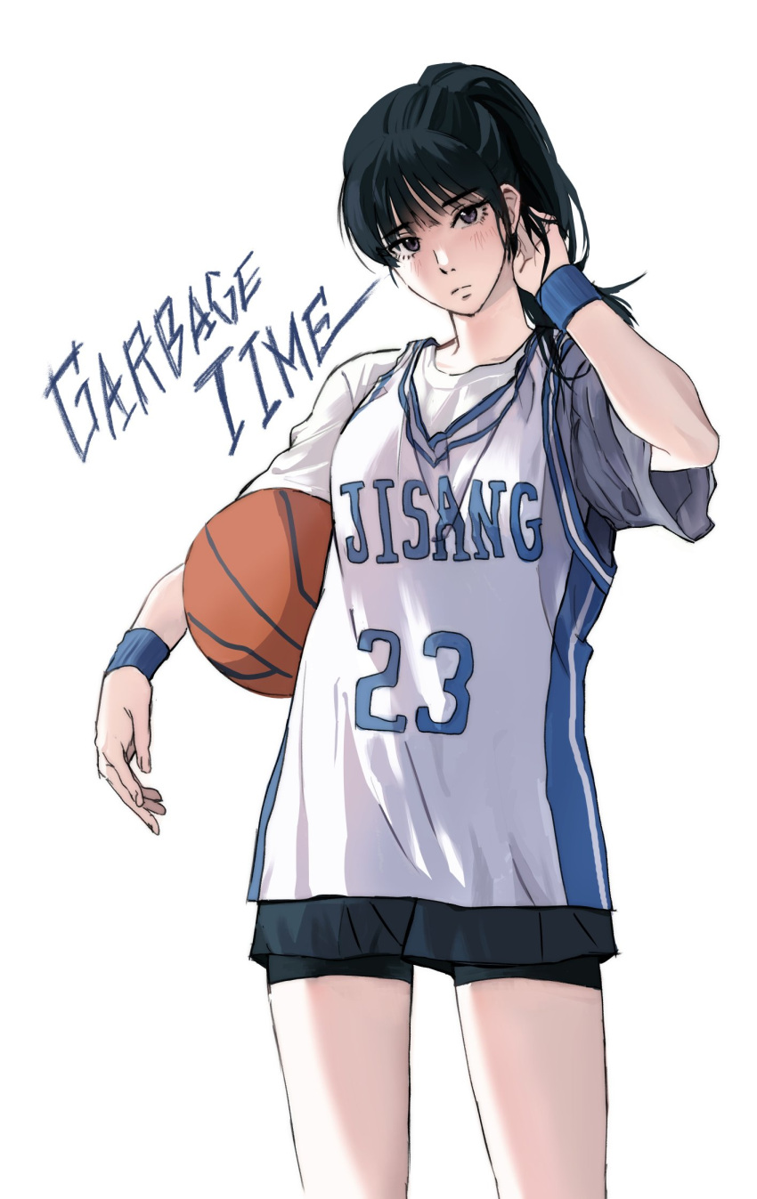 1girl ball basketball_(object) basketball_jersey basketball_uniform bike_shorts black_hair carrying carrying_under_arm character_request closed_mouth clothes_writing copyright_name cowboy_shot garbage_time hand_in_own_hair hand_up head_tilt highres korean_commentary looking_at_viewer ponytail s000pkm shirt short_sleeves simple_background solo sportswear t-shirt white_background white_shirt wristband