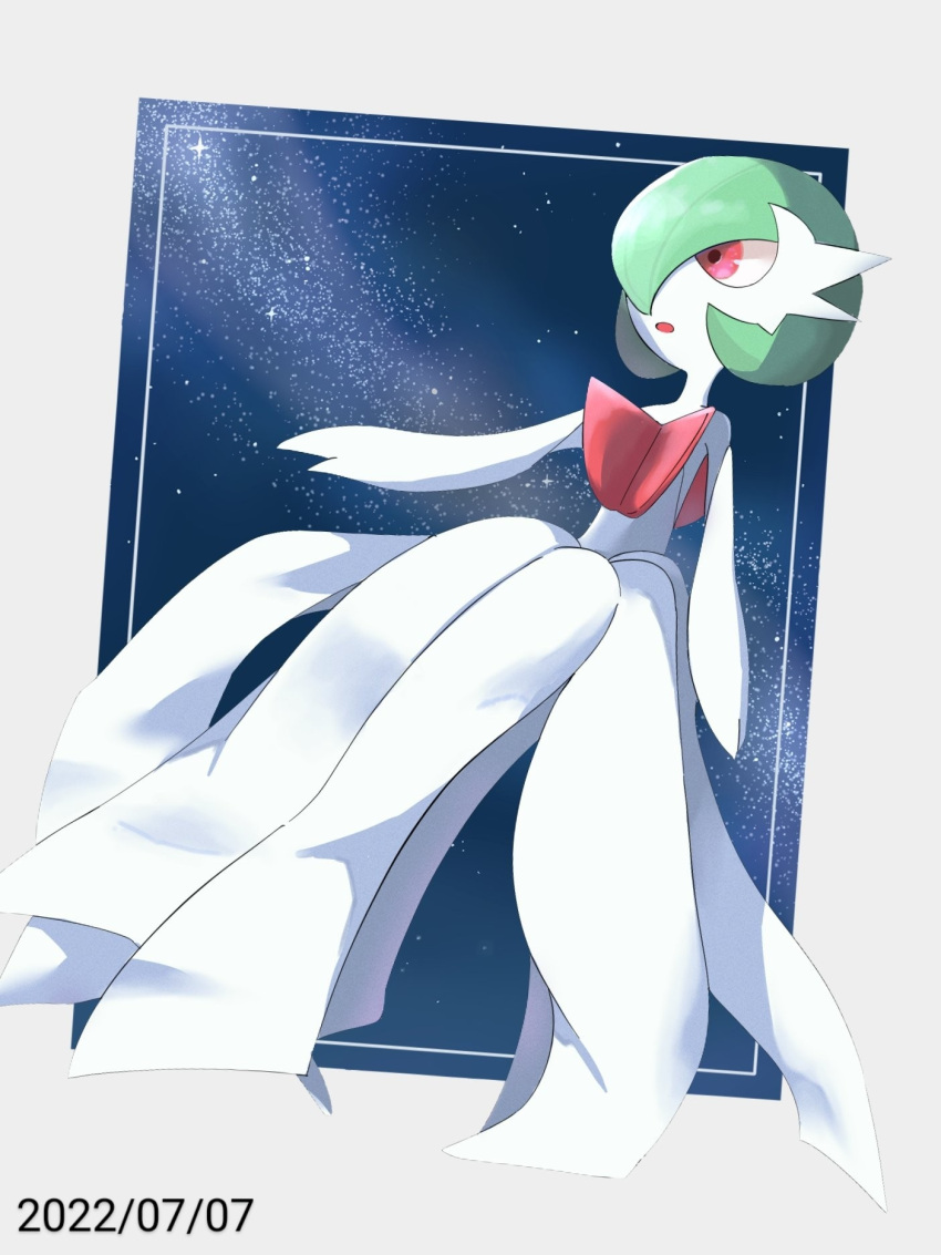 1girl arm_at_side bare_shoulders blue_background bob_cut border commentary_request dated dress elbow_gloves flat_chest full_body gardevoir gloves green_hair grey_border hair_over_one_eye highres looking_to_the_side mega_gardevoir mega_pokemon one_eye_covered open_mouth outside_border pokemon pokemon_(creature) red_eyes shinokaze short_hair solo strapless strapless_dress white_dress white_gloves