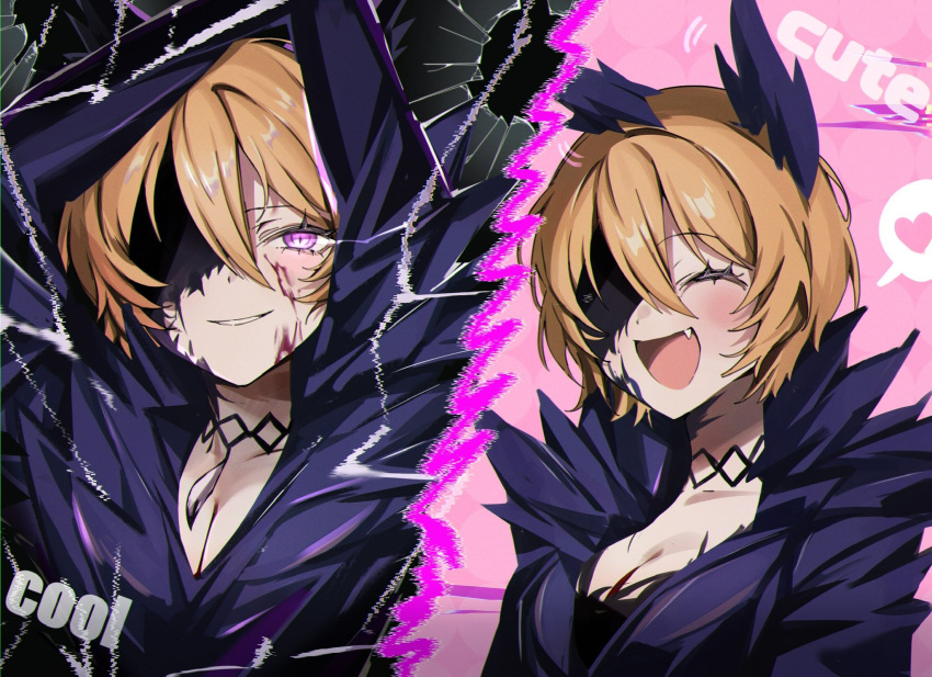 1girl blonde_hair breasts closed_eyes don_quixote_(project_moon) highres large_breasts limbus_company looking_at_viewer mu46016419 project_moon purple_eyes sharp_teeth short_hair smile teeth