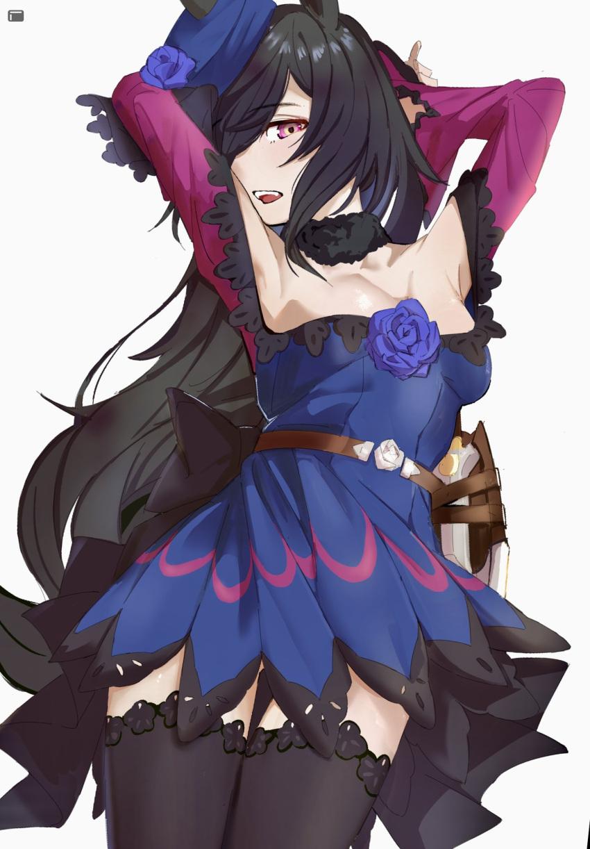 1girl animal_ears armpits arms_up bare_shoulders blue_flower blue_rose blush breasts brown_hair commentary_request crying dagger dress flower hair_over_one_eye hat hat_flower highres horse_ears horse_girl horse_tail knife long_hair long_sleeves off-shoulder_dress off_shoulder open_mouth purple_dress purple_headwear rice_shower_(umamusume) rose sleeves_past_wrists small_breasts smile solo tail tears teeth tilted_headwear uki_kumo umamusume upper_teeth_only very_long_hair weapon